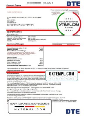 USA Michigan DTE Energy utility bill template in Word and PDF format