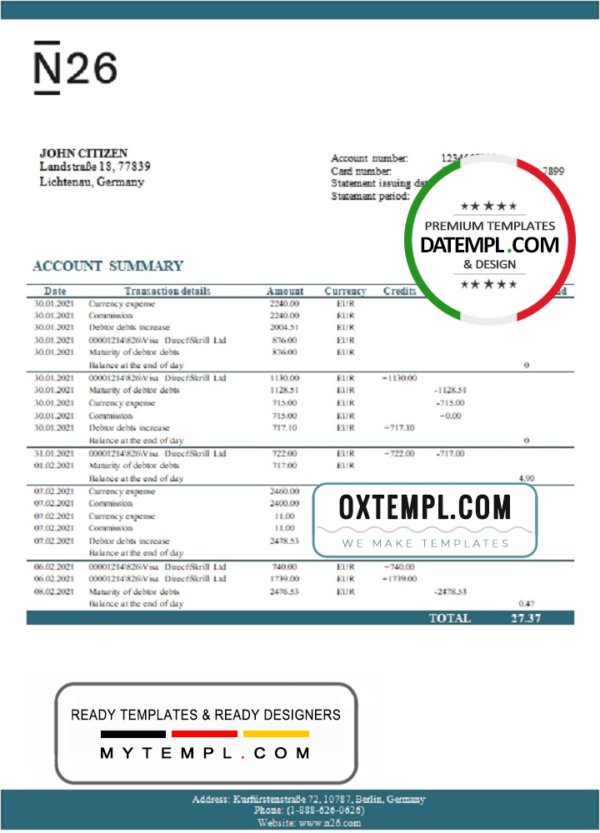 Germany N26 bank statement template in Excel and PDF format