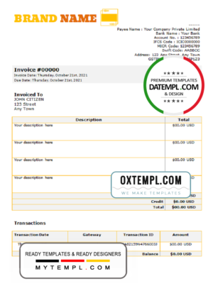 yellow refresh universal multipurpose invoice template in Word and PDF format, fully editable