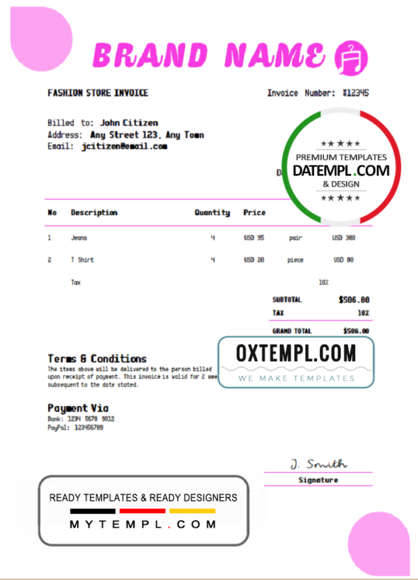fix fashion universal multipurpose invoice template in Word and PDF format, fully editable
