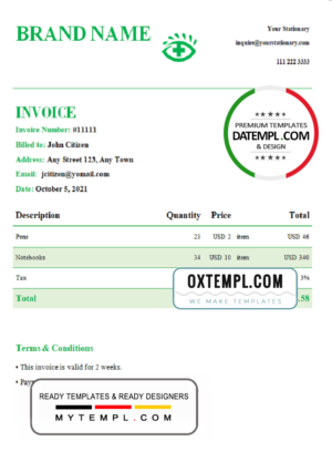 # green eye universal multipurpose invoice template in Word and PDF format, fully editable