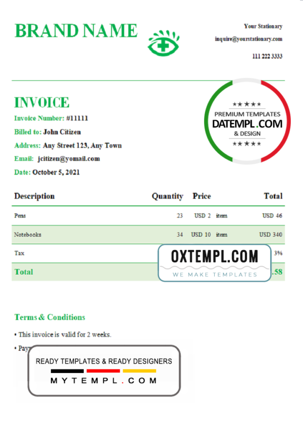 # green eye universal multipurpose invoice template in Word and PDF format, fully editable