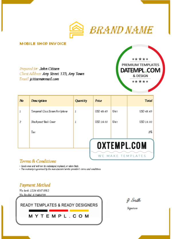 # hunt brush universal multipurpose invoice template in Word and PDF format, fully editable