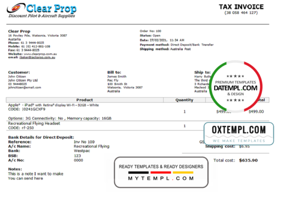 Australia Clear Prop Discount Pilot & Aircraft Supplies company invoice template in Word and PDF format, fully editable