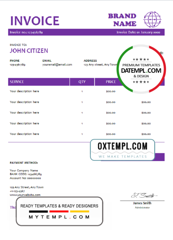 purple stamp universal multipurpose invoice template in Word and PDF format, fully editable