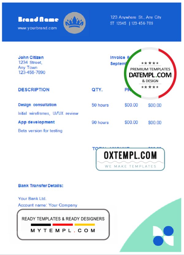 swarming blue universal multipurpose invoice template in Word and PDF format, fully editable