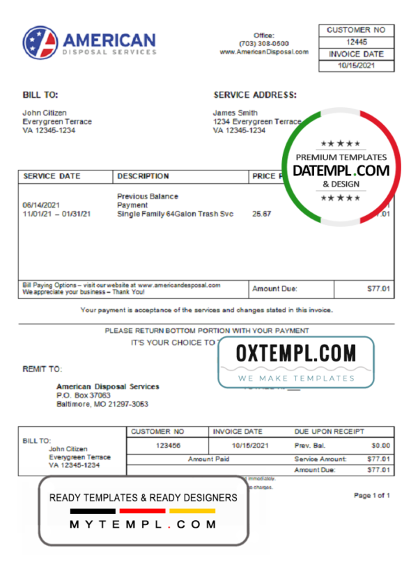 USA American Disposal invoice template in Word and PDF format, fully editable