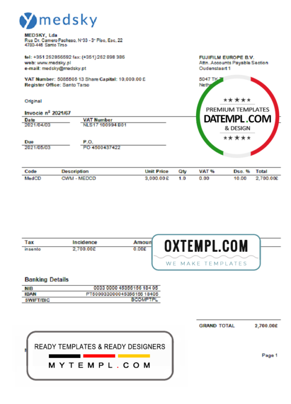 Portugal Medsky Lda company invoice template in Word and PDF format, fully editable