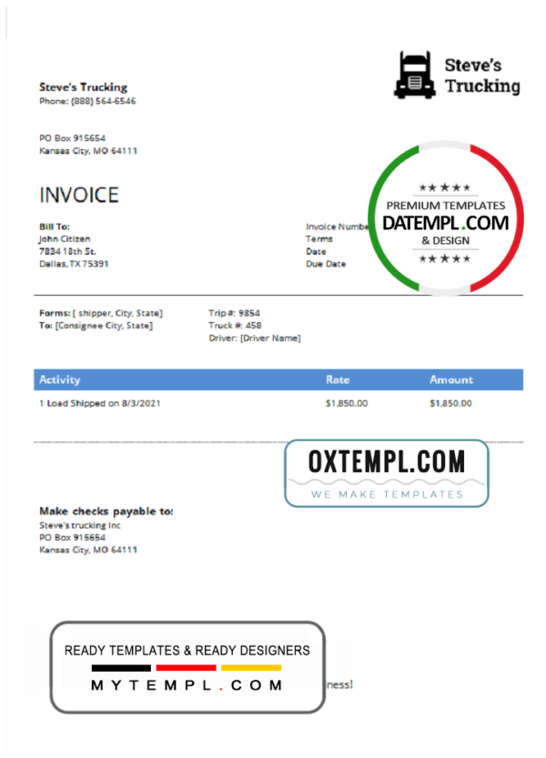 USA Steve’s Trucking Company invoice template in Word and PDF format, fully editable