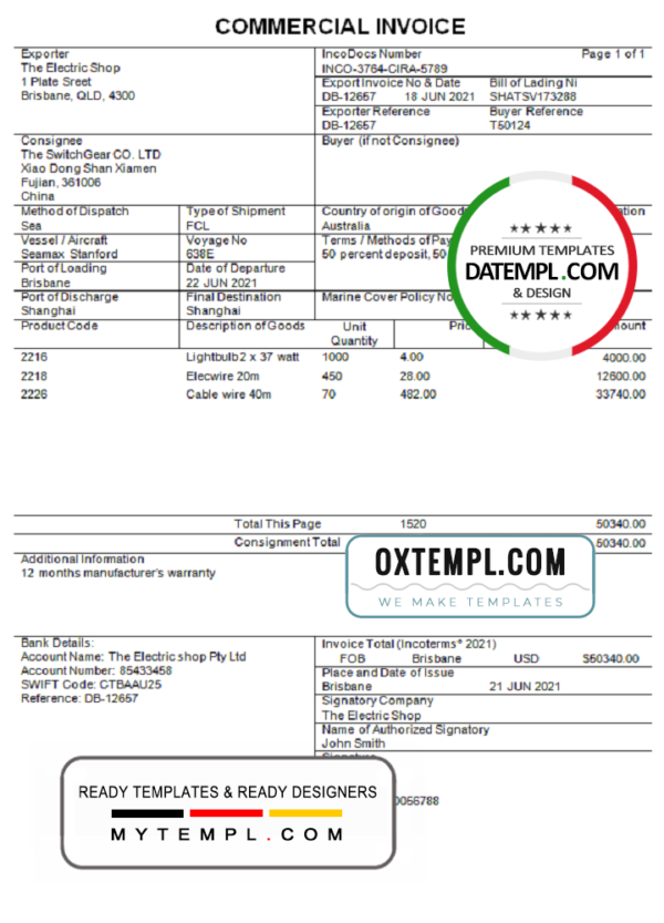 Australia Commercial Invoice company invoice template in Word and PDF format, fully editable