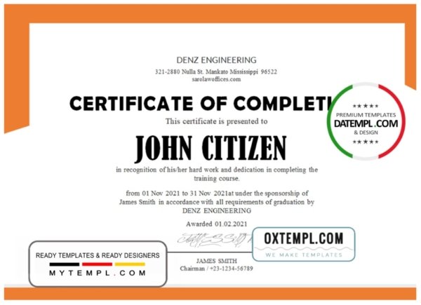 USA Denz Engineering Internship Certificate template in Word and PDF format