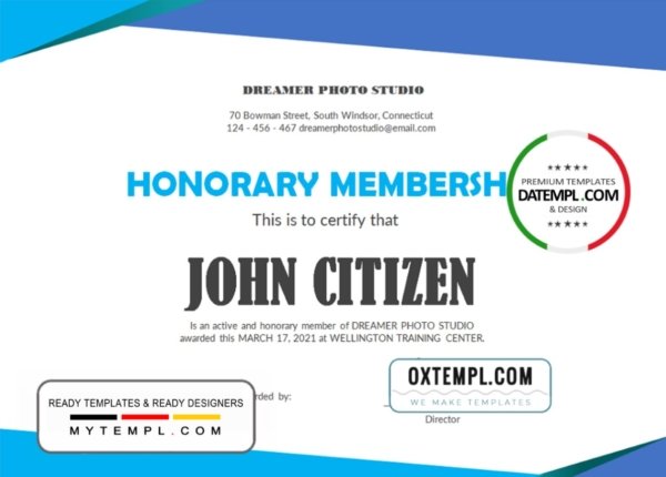 USA Honorary Membership certificate template in Word and PDF format