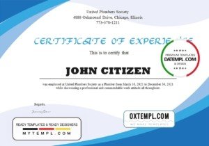 USA Plumbing Experience certificate template in Word and PDF format
