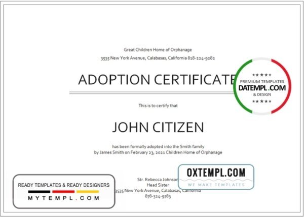USA Adoption Certificate template in Word and PDF format