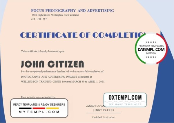 USA Completion Certificate template in Word and PDF format