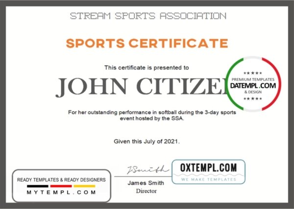 USA Sports certificate template in Word and PDF format