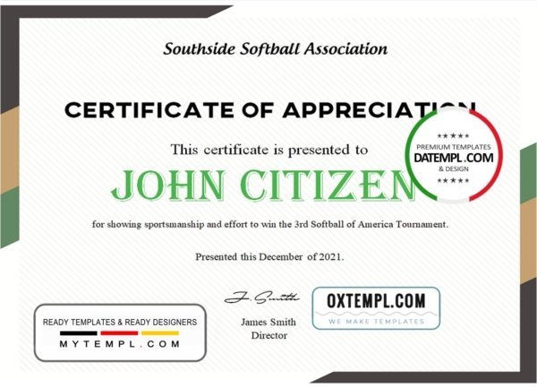 USA Softball certificate template in Word and PDF format