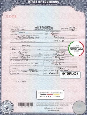 USA Louisiana state birth certificate template in PSD format, fully editable