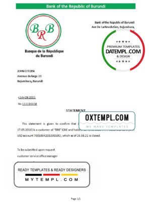 Burundi The Republic Bank of Burundi bank account closure reference letter template in Word and PDF format