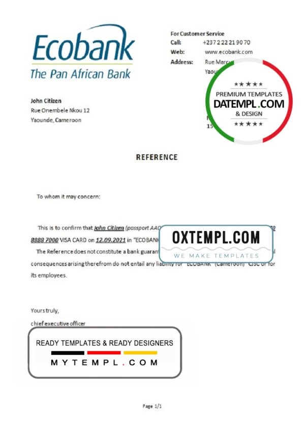 Cameroon Ecobank account closure reference letter template in Word and PDF format