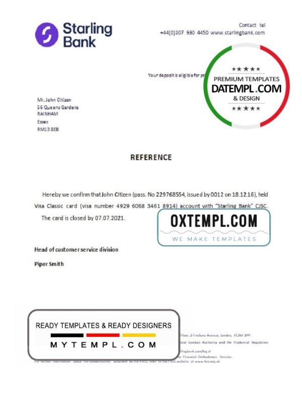 United Kingdom Starling bank account closure reference letter template in Word and PDF format