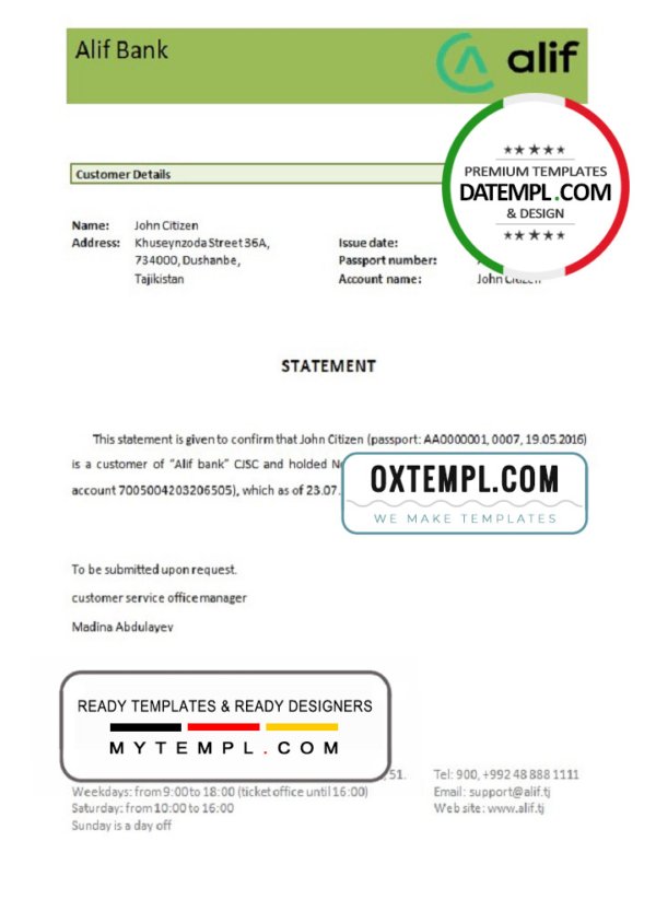 Tajikistan Alif bank account closure reference letter template in Word and PDF format