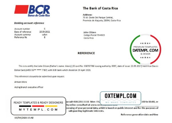 Costa Rica The Bank of Costa Rica bank account closure reference letter template in Word and PDF format