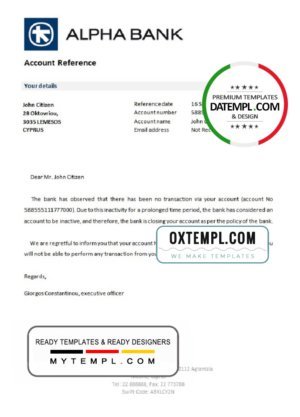 Cyprus Alpha Bank account closure reference letter template in Word and PDF format