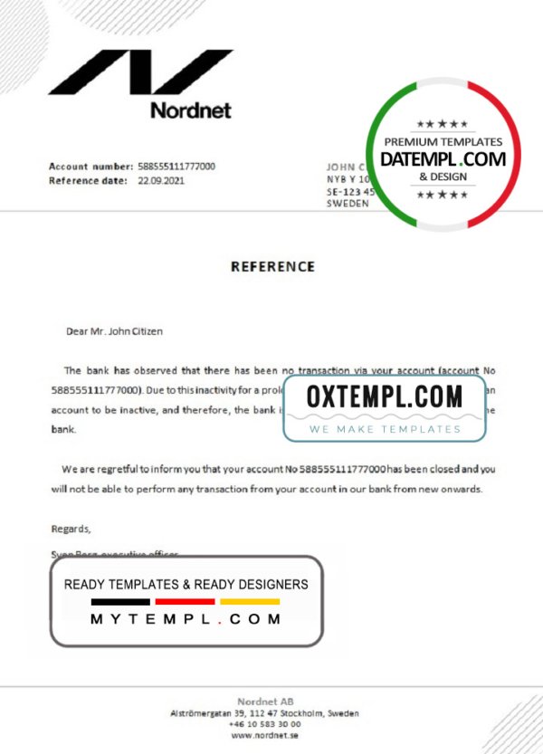 Sweden Nordnet bank account closure reference letter template in Word and PDF format