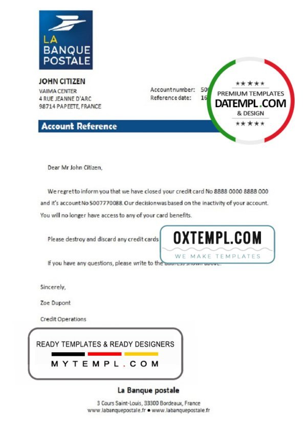 France La Banque Postale bank account closure reference letter template in Word and PDF format