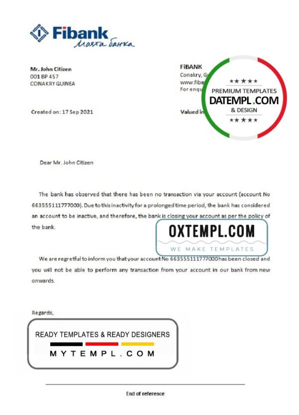 Guinea Fibank bank account closure reference letter template in Word and PDF format