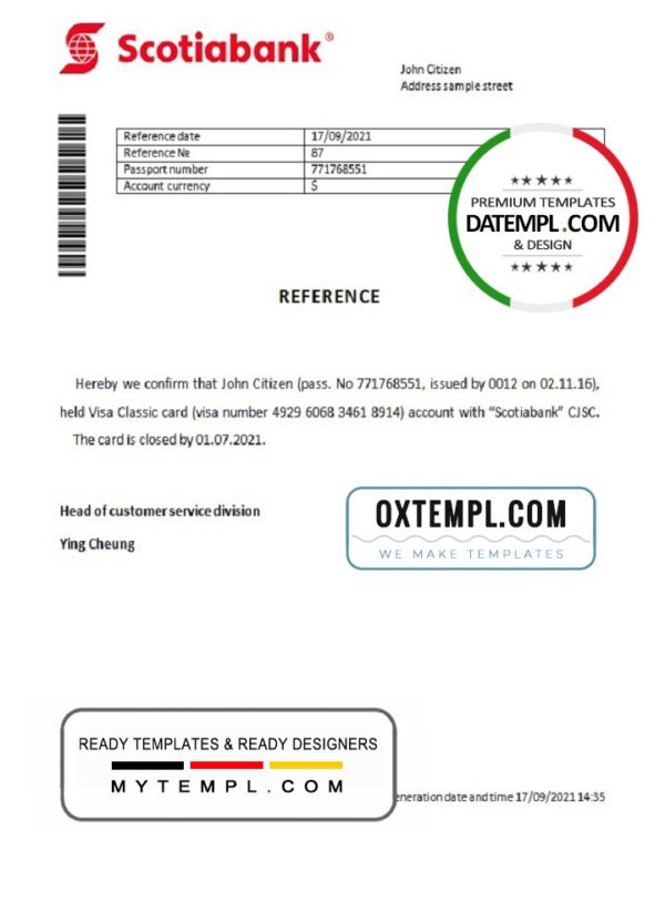 Hong Kong Scotiabank account closure reference letter template in Word and PDF format