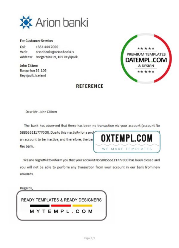 Iceland Arion bank account closure reference letter template in Word and PDF format