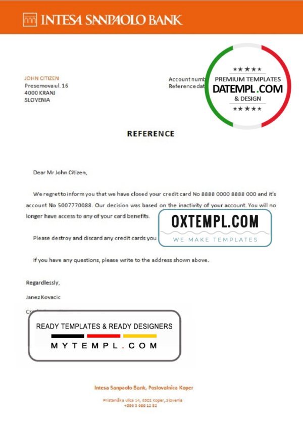 Slovenia Intesa Sanpaolo bank account closure reference letter template in Word and PDF format