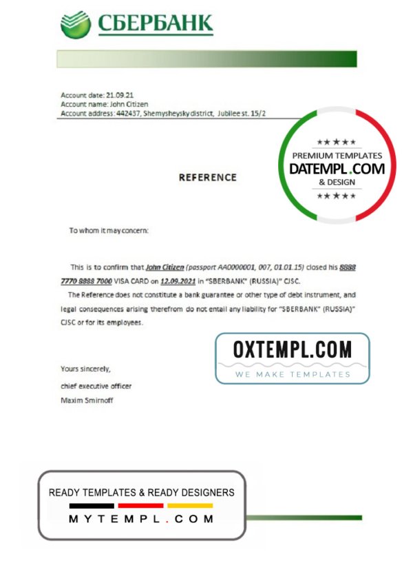 Russia Sberbank bank account closure reference letter template in Word and PDF format