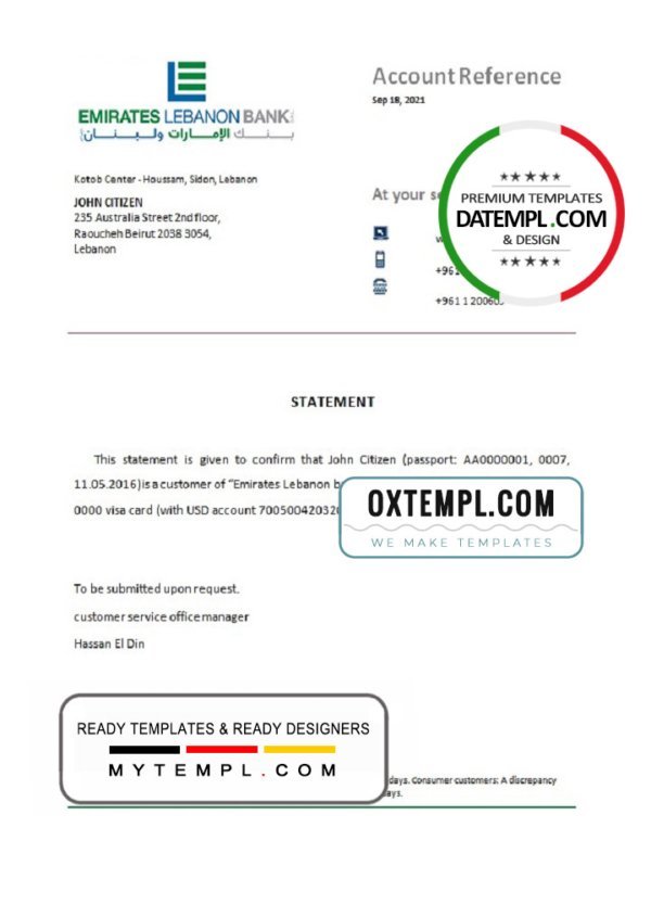 Lebanon Emirates Lebanon Bank bank account closure reference letter template in Word and PDF format