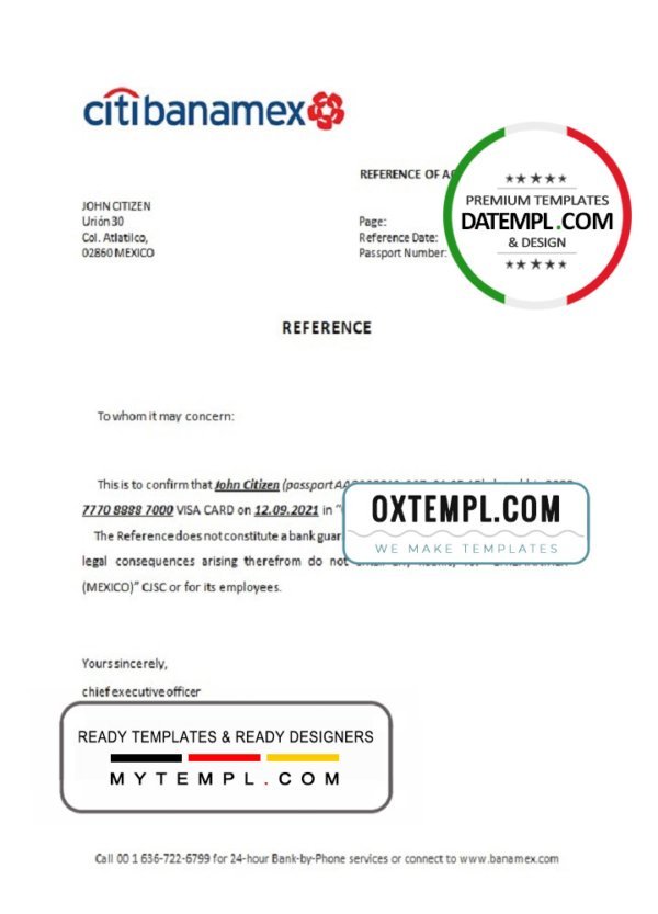 Mexico Citibanamex bank account closure reference letter template in Word and PDF format