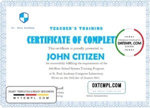 USA Teacher’s Training Completion certificate template in Word and PDF format
