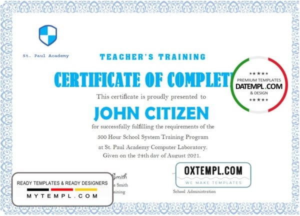 USA Teacher’s Training Completion certificate template in Word and PDF format