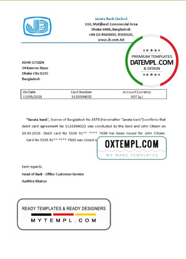 Bangladesh Janata bank account closure reference letter template in Word and PDF format