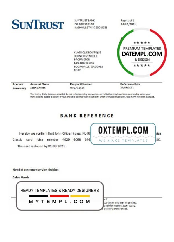 USA SunTrust bank account closure reference letter template in Word and PDF format