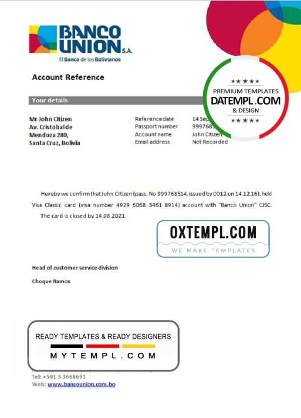 Bolivia Banco Union bank account closure reference letter template in Word and PDF format