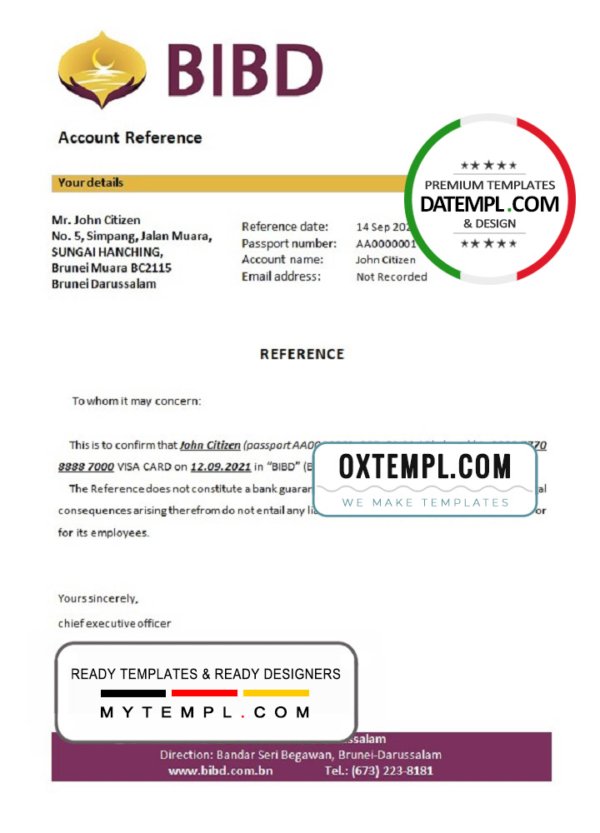 Brunei Islam Darussalam bank account closure reference letter template in Word and PDF format