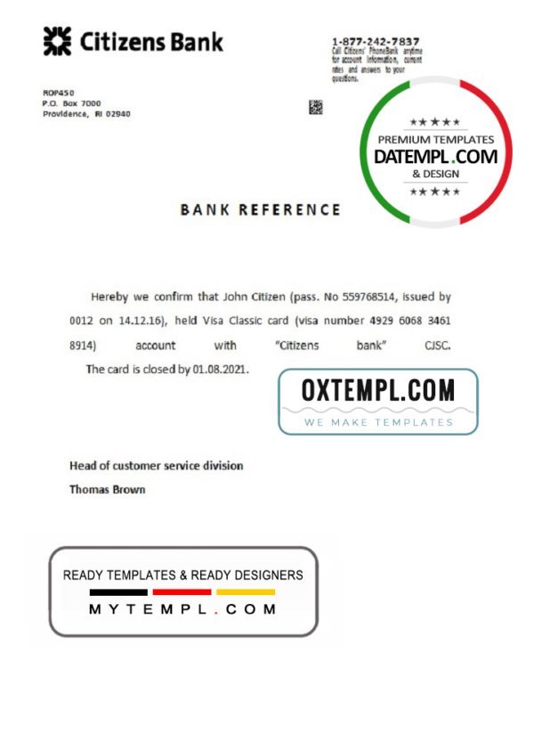 USA Citizens Bank bank account closure reference letter template in Word and PDF format