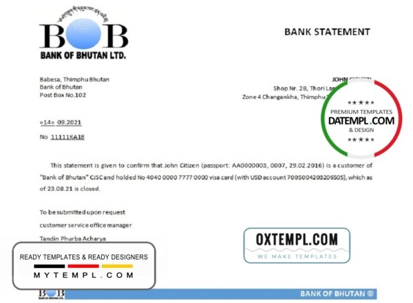 Bhutan Bank of Bhutan bank account closure reference letter template in Word and PDF format