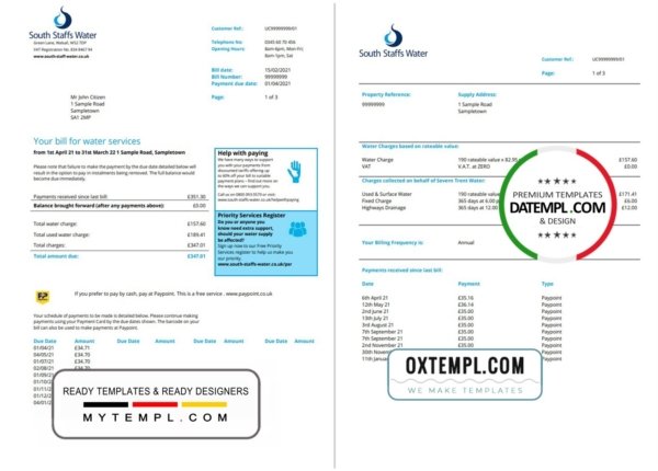 United Kingdom South Staffs Water utility bill template in Word and PDF format, 2 pages