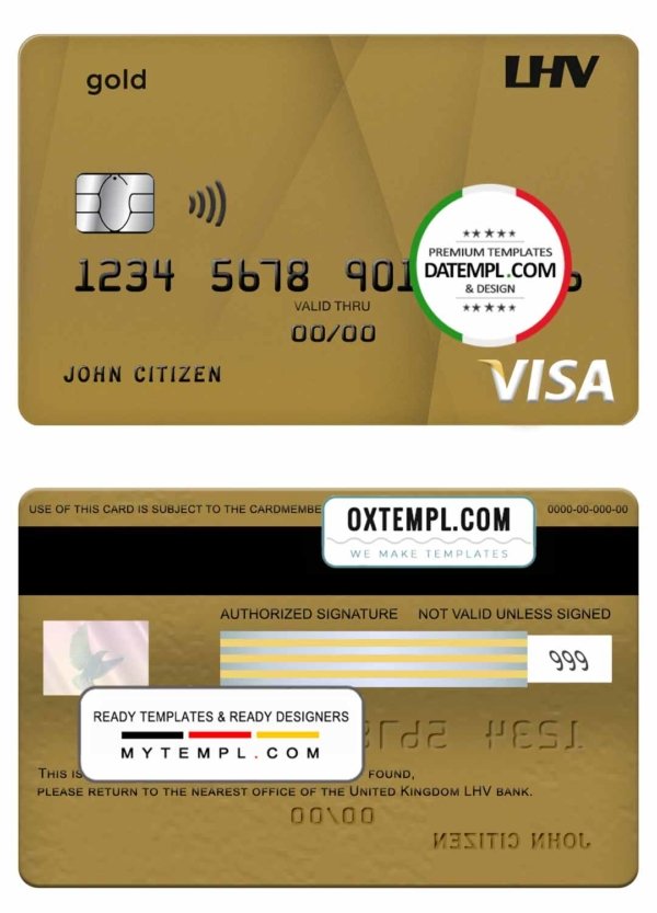 United Kingdom LHV bank visa gold credit card template in PSD format