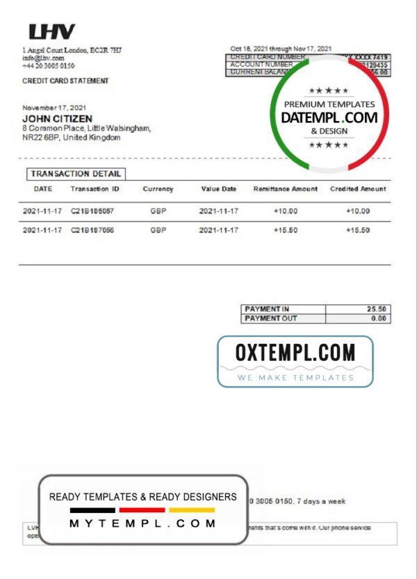 United Kingdom LHV Group bank statement in Excel and PDF format