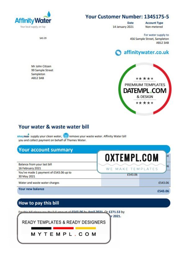 United Kingdom Affinity Water utility bill template in Word and PDF format