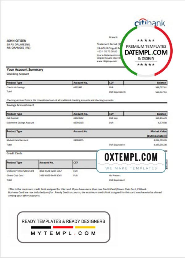 France Citibank bank statement template in .xls and .pdf file format